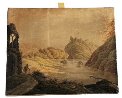 Lot 574 - A 19TH CENTURY WATERCOLOUR PAINTING LAID ON CANVAS OF A SOLO FIGURE WITH CASTLE IN THE DISTANCE