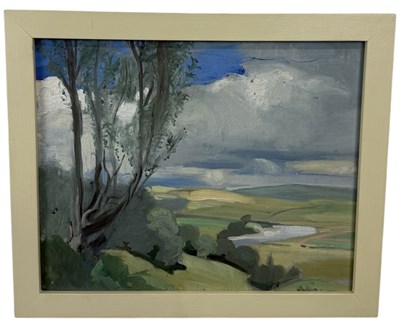 Lot 604 - SIR WILLIAM OLIPHANT HUTCHINSON (SCOTTISH 1889-1970): AN OIL PAINTING ON BOARD DEPICTING A LANDSCAPE SCENE