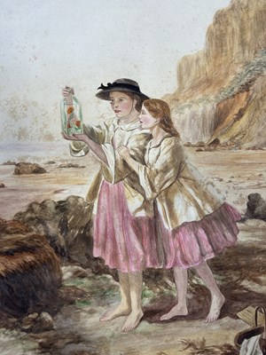 Lot 575 - A WATERCOLOUR PAINTING ON PAPER OF TWO YOUNG GIRLS ON A BEACH