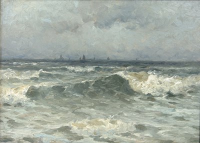 Lot 581 - EDMUND AUBREY HUNT (AMERICAN 1855-1922): AN OIL PAINTING ON PANEL DEPICTING CHOPPY WATERS