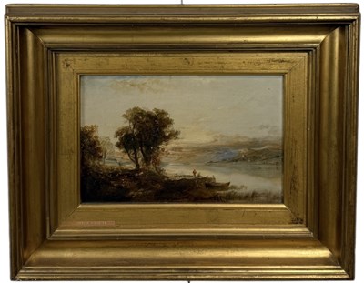 Lot 582 - ANTHONY VANDYKE COPLEY FIELDING (BRITISH 1787-1855): AN OIL PAINTING ON CANVAS DEPICTING FIGURES BY A LAKE