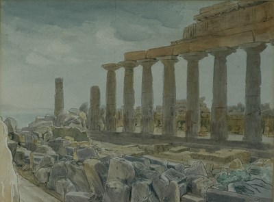 Lot 630 - A WATERCOLOUR PAINTING ON PAPER DEPICTING CLASSICAL RUINS