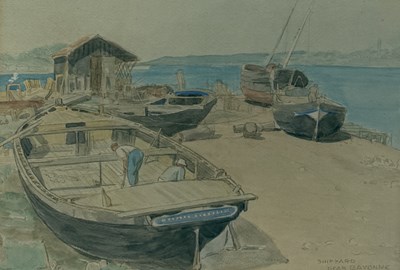 Lot 628 - A WATERCOLOUR PAINTING ON PAPER DEPICTING A SHIPYARD NEAR BAYONNE