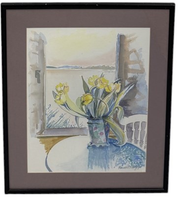 Lot 684 - ANNABEL RIDLEY: A WATERCOLOUR PAINTING ON PAPER DEPICTING DAFFODILS IN A VASE