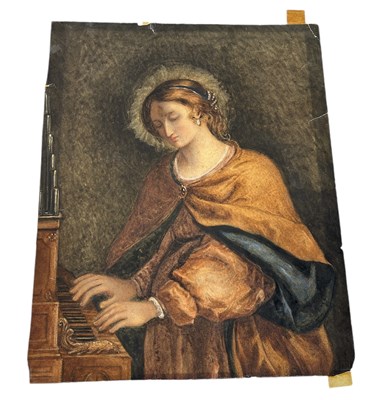 Lot 576 - AFTER GUERCINO DA CENTO: A WATERCOLOUR PAINTING ON PAPER OF SAINT CECILIA PLAYING THE PIANO