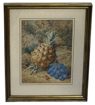 Lot 605 - THOMAS FREDERICK COLLIER (BRITISH 1823-1885): A WATERCOLOUR PAINTING ON PAPER DEPICTING A STILL LIFE WITH PINEAPPLE AND GRAPES