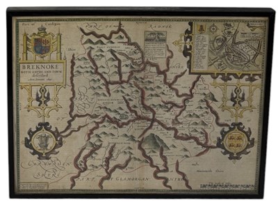 Lot 743 - JOHN SPEEDE: A HAND COLOURED MAP OF BREKNOKE, CIRCA 1610 ALONG WITH TWO 18TH CENTURY PRINT OF TRETWR CASTLE