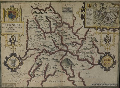 Lot 743 - JOHN SPEEDE: A HAND COLOURED MAP OF BREKNOKE, CIRCA 1610 ALONG WITH TWO 18TH CENTURY PRINT OF TRETWR CASTLE
