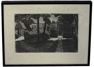 Lot 710 - ALEX UXBRIDGE (PANTER AND HALL): A CHARCOAL DRAWING ON PAPER DEPICTING A GARDEN