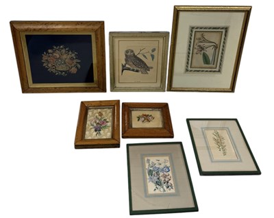 Lot 785 - BOTANICAL ENGAVINGS AND FLORAL EMBROIDERIES, ALONG WITH A PRINT OF AN OWL