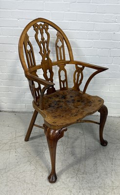 Lot 885 - ATTRIBUTED TO STEWART LINFORD: A BURR WALNUT GOTHIC STYLE WINDSOR ARMCHAIR