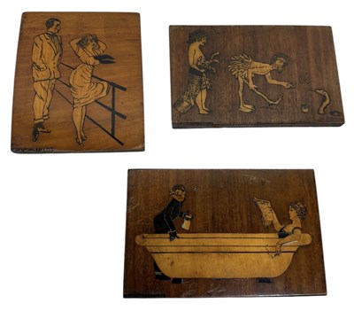 Lot 783 - PRISONER OF WAR INTEREST: THREE MARQUETRY INLAID PANELS WITH LABELS TO VERSO 'MADE BY MY FATHER ALBERT LAMLEY WHILE INTERNED 1914-1918'