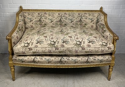 Lot 858 - A FRENCH LOUIS XVI STYLE GILT WOOD SOFA UPHOLSTERED IN CHINOISERIE FABRIC