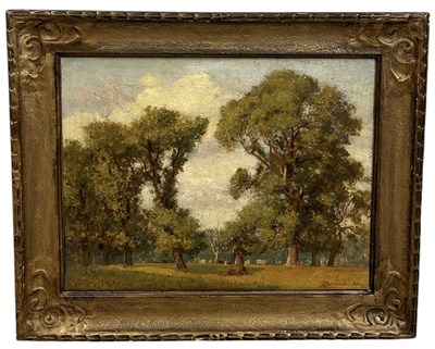 Lot 430 - AN OIL PAINTING ON CANVAS DEPICTING TREES IN A FIELD