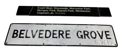 Lot 787 - WIMBLEDON INTEREST: A RAILWAY SIGN, STREET SIGN 'BELVEDERE GROVE' AND A WORLD WAR FIELD RATION CADBURYS AND BOURNEVILLE SIGN (3)