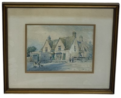 Lot 600 - ARTHUR CHARLES FARE (BRITISH 1876-1958): A WATERCOLOUR PAINTING ON PAPER DEPICTING A VILLAGE SCENE WITH BANK