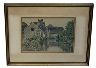 Lot 602 - ARTHUR CHARLES FARE (BRITISH 1876-1958): A WATERCOLOUR PAINTING ON PAPER DEPICTING A FIGURE ROWING ON A SMALL LAKE