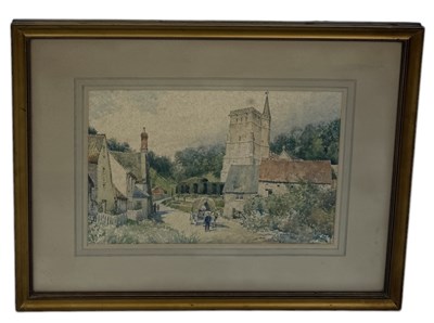 Lot 603 - ARTHUR CHARLES FARE (BRITISH 1876-1958): A WATERCOLOUR PAINTING ON PAPER DEPICTING A VILLAGE SCENE WITH HORSE AND CART, AND CHURCH IN BACKGROUND