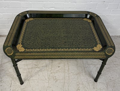 Lot 881 - A REGENCY STYLE FAUX MARBLE BUTLERS TRAY ON FAUX BAMBOO STAND