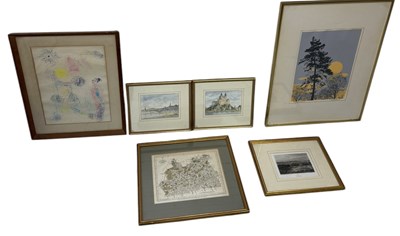 Lot 797 - PICTURES TO INCLUDE A MAP OF SURRY, TWO SMALL WATERCOLOURS, PRINTS