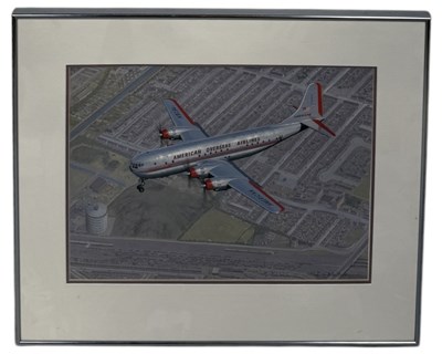 Lot 688 - KEITH WOODCOCK: PAINTING ON PAPER DEPICTING AN AMERICAN OVERSEAS AIRPLANE