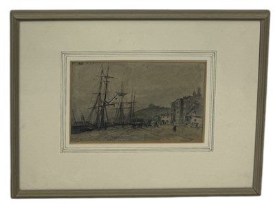 Lot 690 - A WATERCOLOUR PAINTING ON PAPER DEPICTING A HARBOUR SCENE