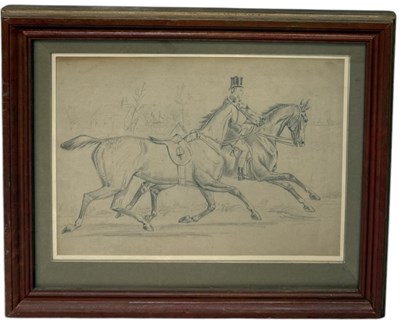 Lot 712 - A PENCIL DRAWING ON PAPER DEPICTING A FIGURE WITH A TOP HAT RIDING A HORSE