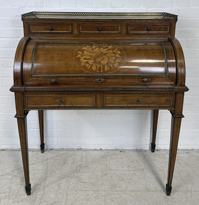 Lot 860 - A 19TH CENTURY FRENCH CYLINDRICAL ROLL TOP BUREAU WITH BRECIA MARBLE TOP