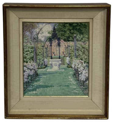 Lot 584 - FRANCES DRUMMOND (BRITISH): A WATERCOLOUR PAINTING ON PAPER DEPICTING A GARDEN WITH PEOPLE AND A STONE CARVED WELL WITH IRONWORK DECORATION