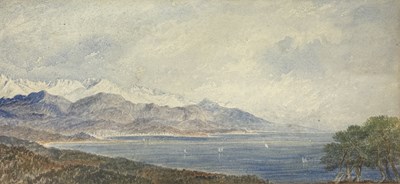 Lot 593 - A WATERCOLOUR PAINTING ON PAPER DEPICTING A CONTINENTAL SEA AND MOUNTAIN VIEW WITH SAILING CRAFT AND COASTAL TOWN BY THE SHORES