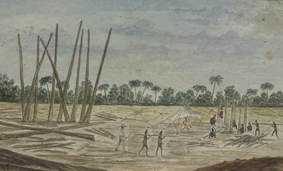 Lot 556A - AN EARLY 19TH CENTURY TOPOGRAPHICAL WATERCOLOUR PAITNING ON PAPER DEPICTING NATIVES SETTING UP CAMP IN INDIA