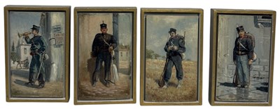 Lot 554A - PANOS ARAVANTINOS (GREEK 1886-1930): A SET OF FOUR OIL PAINTINGS ON BOARD DEPICTING GREEK SOLDIERS