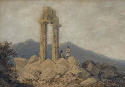 Lot 562 - WILLIAM PAGE (AMERICAN 1811-1885): A WATERCOLOUR PAINTING ON PAPER DEPICTING GREEK RUINS OF NEMEA WITH GREEKS IN CONVERSATION NEARBY