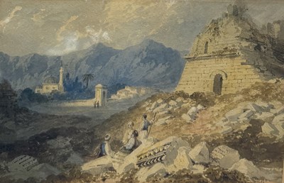 Lot 559 - WILLIAM PAGE (AMERICAN 1794-1872): A WATERCOPLOUR PAINTING ON PAPER DEPICTING THE MILETUS, TURKEY, WITH TURKS NEARBY