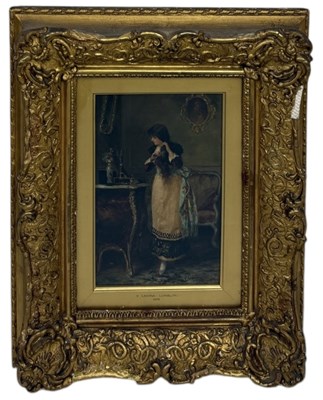 Lot 554 - VICTORIANO CODINA Y LANGLIN (SPANISH 1844-1911): AN OIL PAINTING ON PANEL DEPICTIYNG A LADY IN AN INTERIOR WITH COMMODE