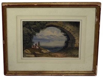 Lot 563 - WILLIAM PAGE (AMERICAN 1794-1872): A WATERCOLOUR PAINTING ON PAPER DEPICTING A STONE BRIDGE WITH AN OPENING TO THE BOSPHOROUS