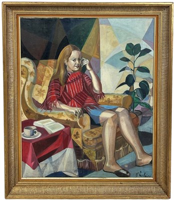 Lot 393 - JEAN-PIERRE VAXELAIRE (FRENCH, 20TH CENTURY): AN OIL PAINTING ON CANVAS 'FEMME DES SON FAUTEUIL'