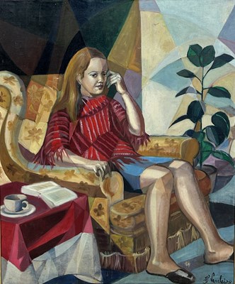 Lot 393 - JEAN-PIERRE VAXELAIRE (FRENCH, 20TH CENTURY): AN OIL PAINTING ON CANVAS 'FEMME DES SON FAUTEUIL'