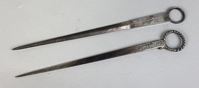 Lot 110 - AN ANTIQUE SILVER LETTER OPENER WITH A SILVER-PLATED LETTER OPENER