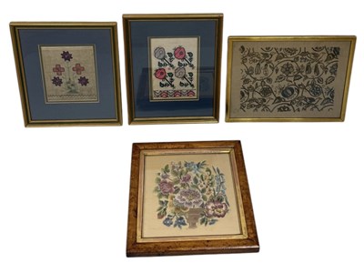 Lot 749 - A GROUP OF FOUR ANTIQUE NEEDLEWORK EMBROIDERED PANELS TO INCLUDE A COPY OF THE DESIGN FROM SLEEVE OF CATHERINE OF ARAGON'S WEDDING DRESS TO HENRY VIII