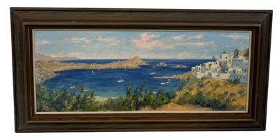 Lot 556 - ERNEST KNIGHT: AN OIL PAINTING ON CANVAS DEPICTING A TOPOGRAPHICAL VIEW OF A GREEK MEDITERREANNEAN SEASIDE VILLAGE