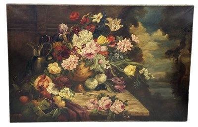 Lot 800 - A LARGE DUTCH OLD MASTER STYLE OIL PAINTING ON CANVAS DEPICTING A STILL LIFE WITH FLOWERS ON A MARBLE TABLE