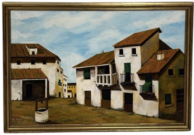 Lot 626 - AN OIL PAINTING ON CANVAS DEPICTING A RURAL VILLAGE WITH A WELL