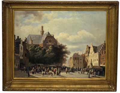 Lot 627 - A LARGE OIL PAINTING ON CANVAS DEPICTING A TOWN SQUARE ON MARKET DAY