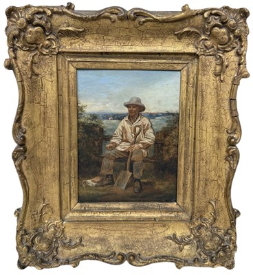 Lot 610 - A 19TH CENTURY OIL PAINTING ON BOARD DEPICTING A GARDENER WITH SHOVEL