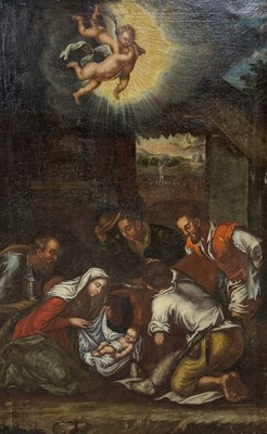 Lot 557 - AN 18TH/19TH CENTURY ITALIAN SCHOOL: THE ADORATION OF THE MAGI OIL PAINTING ON CANVAS