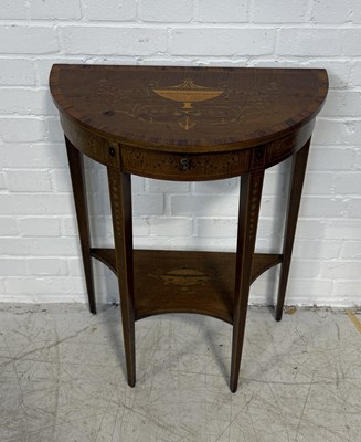 Lot 952 - A SMALL DEMI-LUNE CONSOLE TABLE WITH MARQUETRY INLAY IN THE NEO-CLASSICAL STYLE