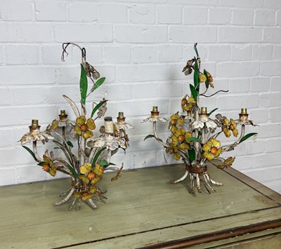 Lot 290 - A PAIR OF ITALIAN 1940S PAINTED TOLEWARE CHANDELIERS WITH FLOWERS