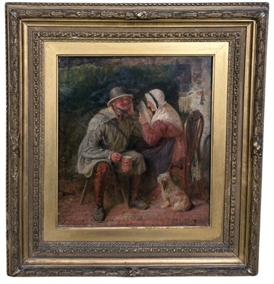 Lot 558 - GEORGE BERNARD O'NEILL (IRISH 1828-1917): AN OIL PAINTING ON BOARD DEPICTING A MAN AND WOMAN WITH DOG