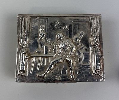 Lot 85 - A NOVELTY SILVER BOX WITH REPOUSSE SCENE OF A MAN SMOKING A PIPE